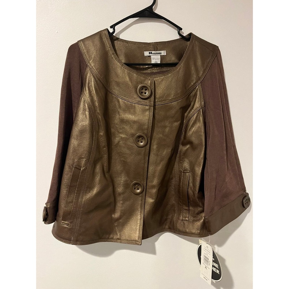 Nygard Collection Gold Studs Collared Leather & Knit Front Zip Jacket - Womens M